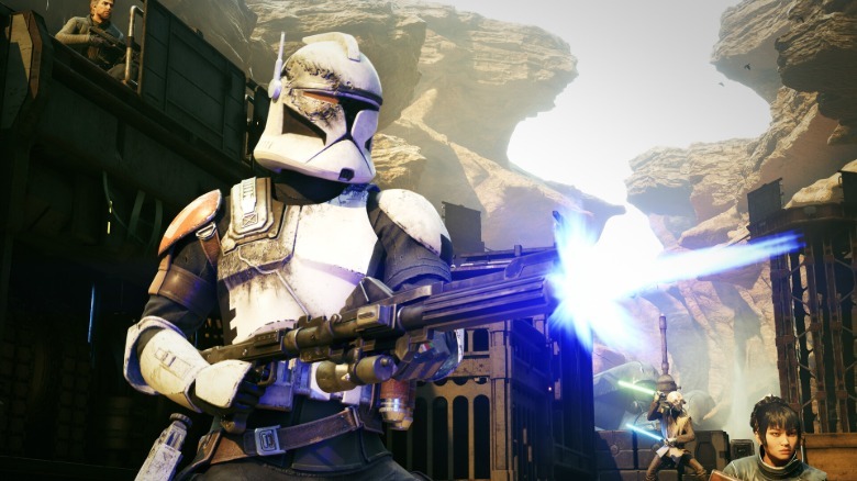 Trick fires his repeater blaster rifle at an offscreen enemy.