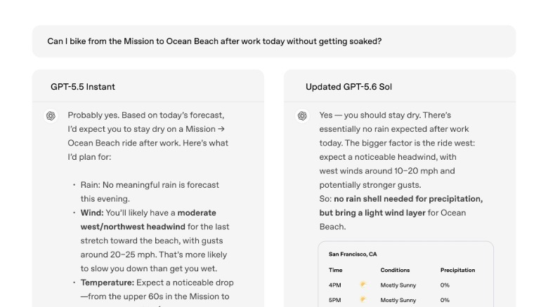 A screenshot showing different outputs from GPT-5.5 Instant and GPT-5.6 Sol.