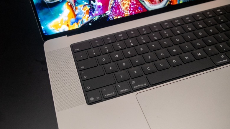 A close-up view of the keyboard on the MacBook Pro with PROLED XDR Display.
