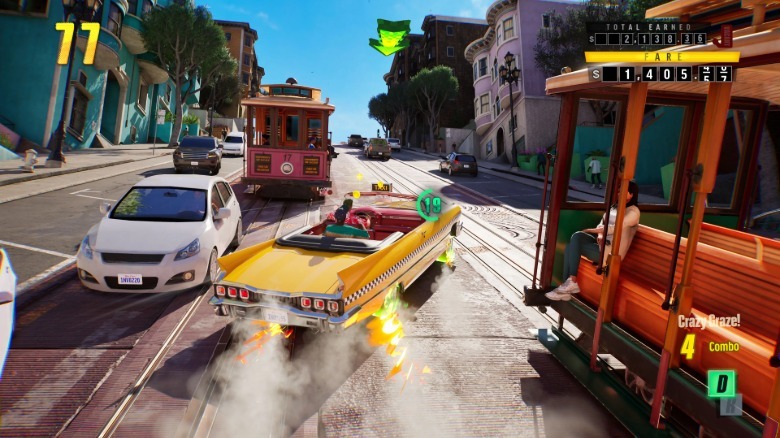 A yellow taxi drifts in front of a moving tram.
