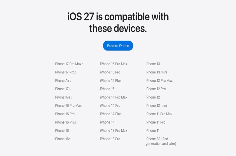 A list of iPhones that can run iOS 27.