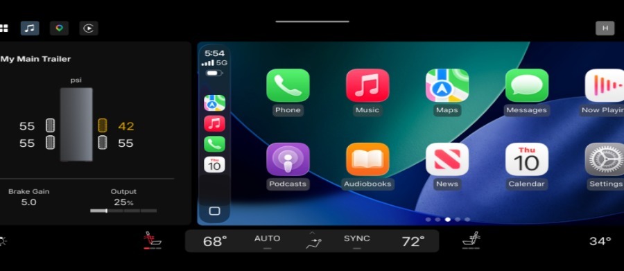 Apple CarPlay interface on a splitscreen view next to various vehicle gauges.