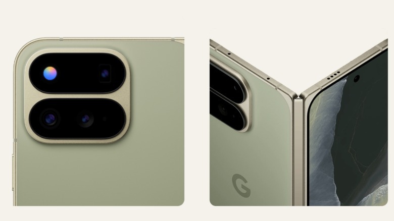An image of the camera bar on the Pixel 11 Pro Fold next to an image of its hinge.