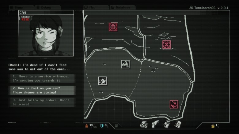 A screenshot from Burn-9. It shows a map with a dialogue tree on the left side.