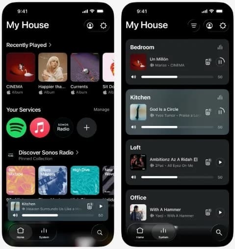 Screenshots of the Sonos app