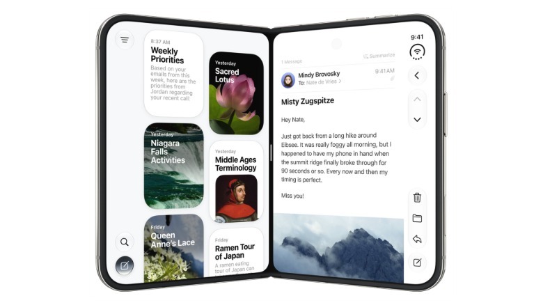 A partially folded iPhone Duo running two apps side-by-side.