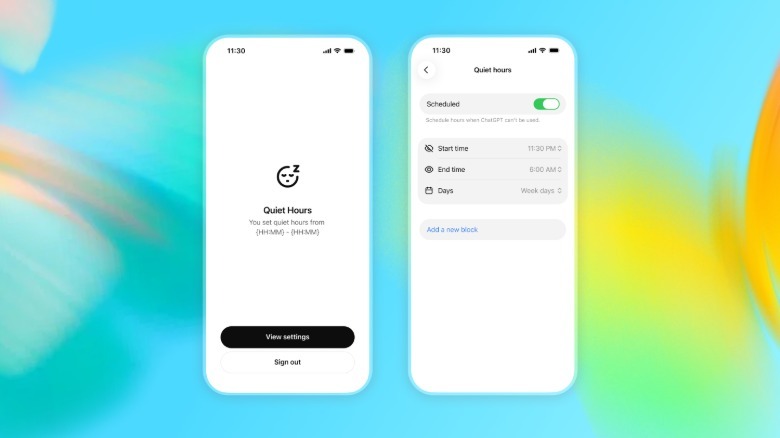 A pair of screenshots showing ChatGPT's new Quiet Hours feature.