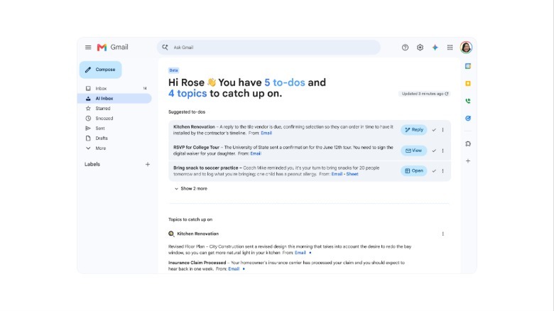 Google's AI Inbox showing tasks and to-dos.