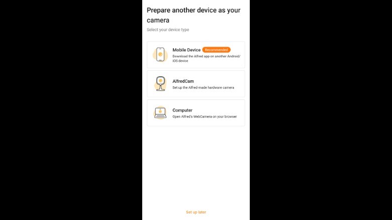AlfredCamera: Home Security camera device setup page