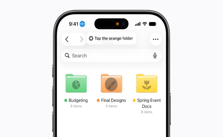 Apple natural language voice control function showing use with the Files app