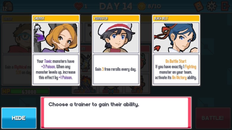Trainer choices and abilities in Batomon Showdown