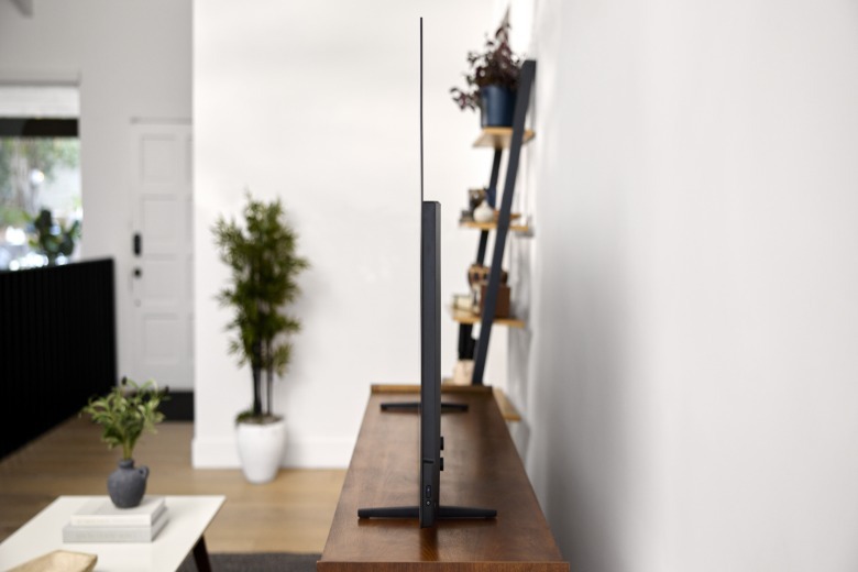A side view of the new thin Roku Pro Series OLED TV.