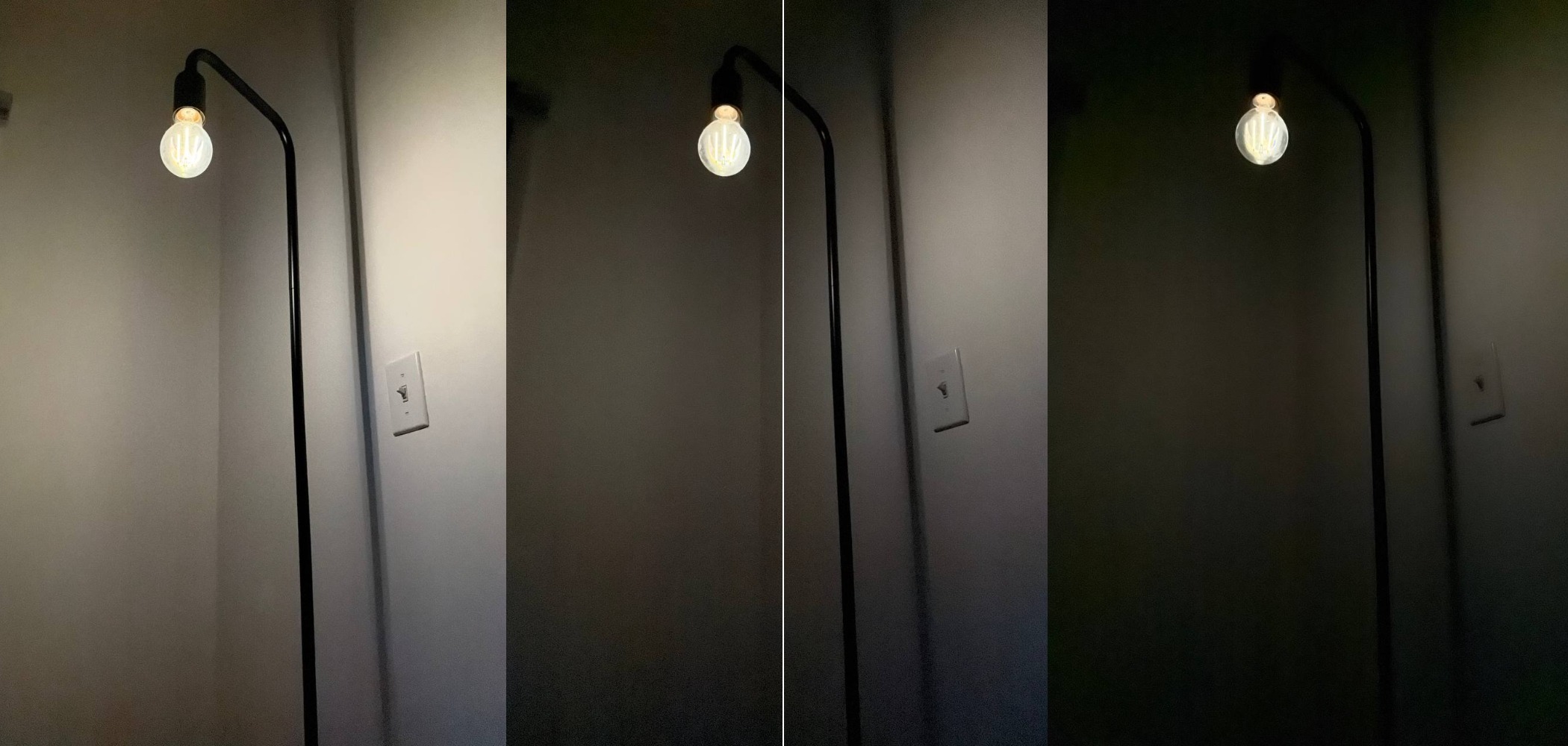Três fotos de luminárias com lâmpadas expostas