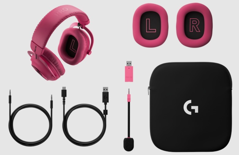 Pink headphones and accessories.