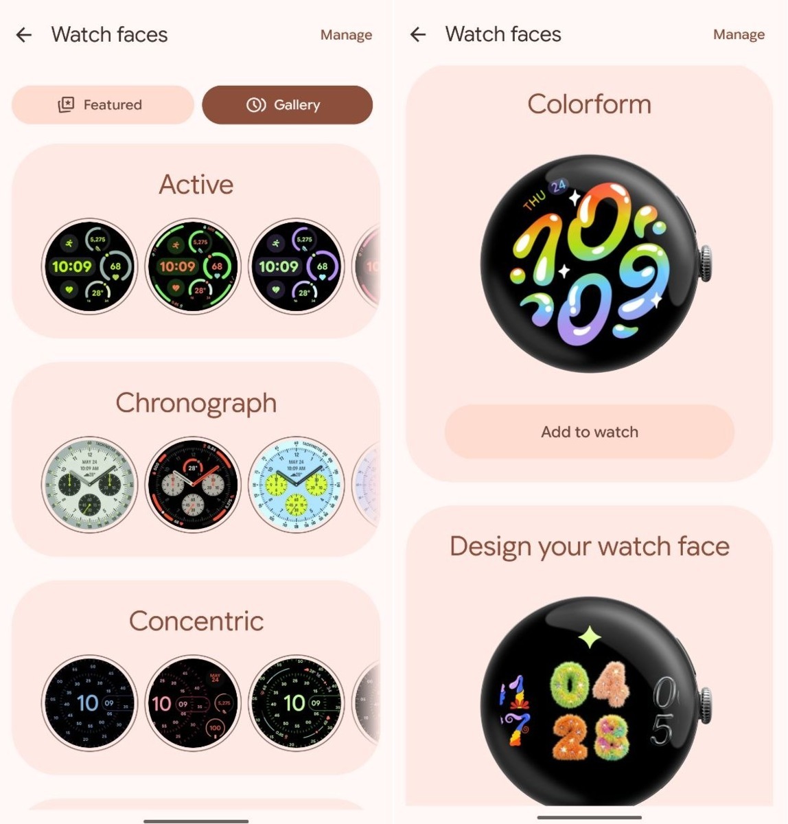 A pair of screenshots showing the Pixel Watch face gallery.