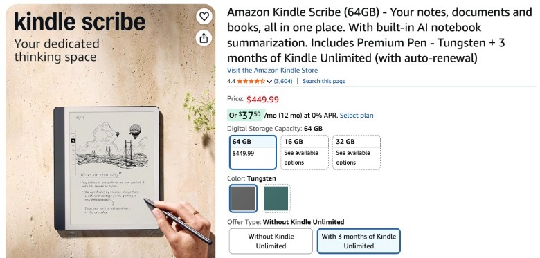 Amazon Kindle Scribe listing