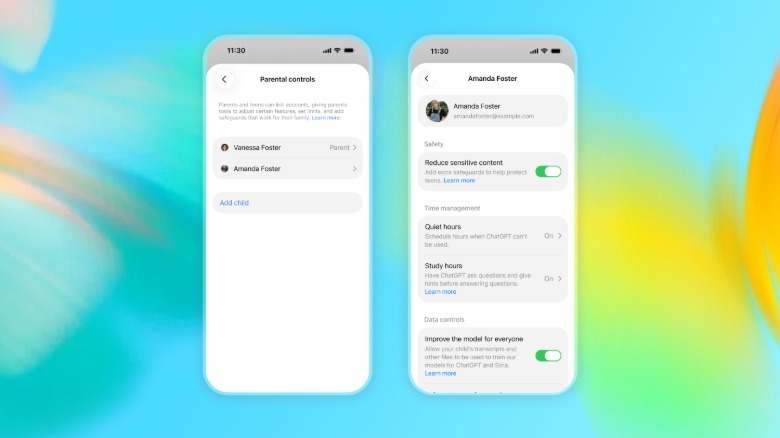 A pair of screenshots showing ChatGPT's parental controls.