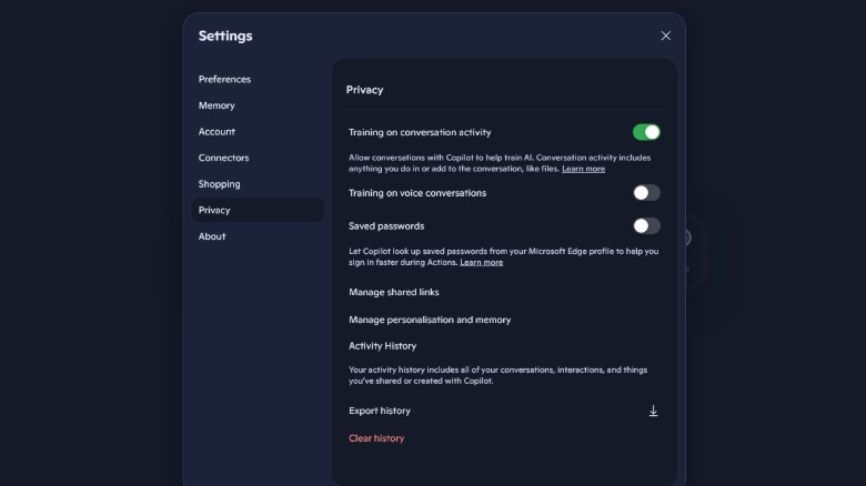 Copilot data toggle settings.