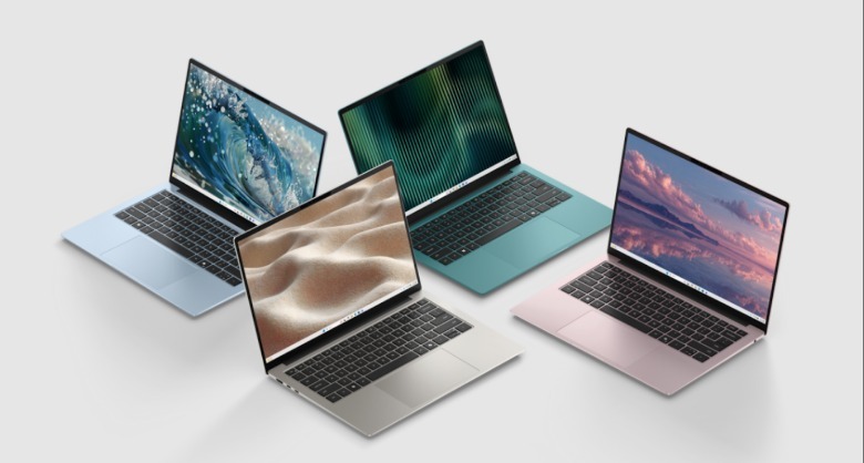 Four colored laptops.