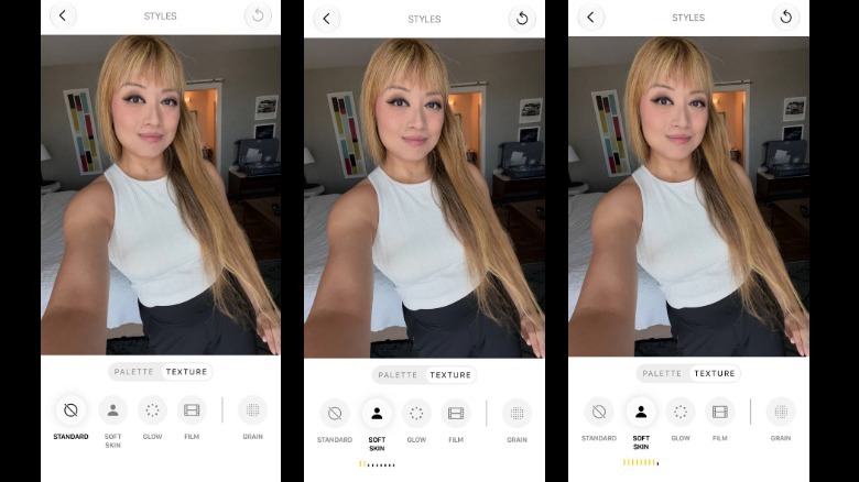 Três capturas de tela de uma selfie editada para Soft Skin no aplicativo Fotos.