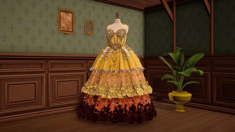 A finished gold dress in Dressmaker.