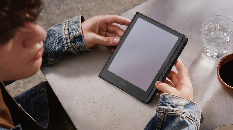 A photo of an Amazon Kindle with the new Page-Turn-Cover accessory.
