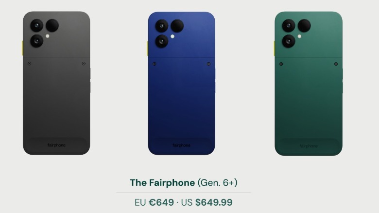 All the colors of the Fairphone Gen.6+ including its new cobalt blue hue.