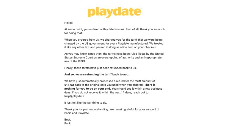 The email detailing the refund Panic is sending to customers.