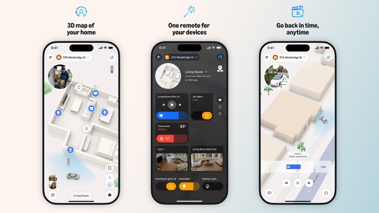 Three iPhones in a row showing different pages of the new Alexa Home Map.