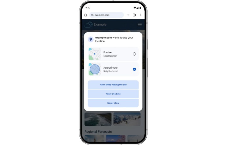 Chrome's approximate location sharing feature on Android