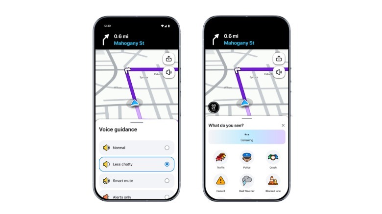 An image of Waze's Less Chatty toggle and Conversational Reporting.