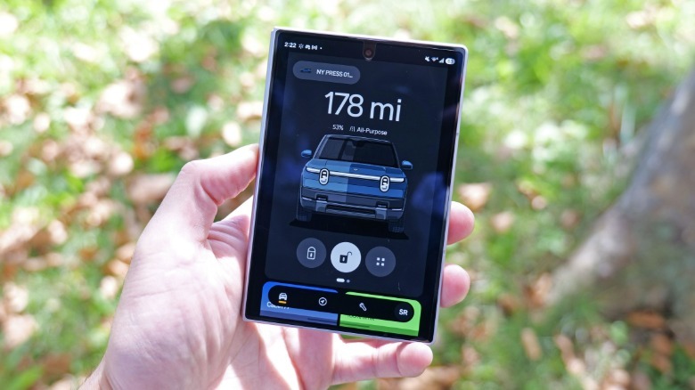 The Rivian app as seen on a Samsung Galaxy Z Fold 8.